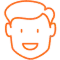 Simple line drawing of a smiling child's face with open mouth, orange outline style.